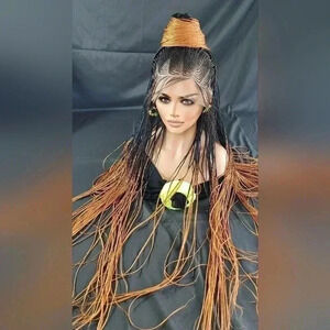 Braided Wig: 100% handmade long ombre  orange/black wig Human-Synthetic NWT
